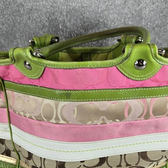 Coach Stripe Signature Monogram Purse Canvas Leather Tote Bag Pink Green - Picture 11 of 16